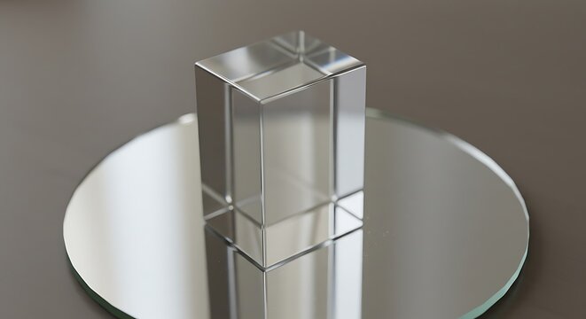 A clear, rectangular glass prism sits on a round mirror, reflecting its shape against a neutral background.