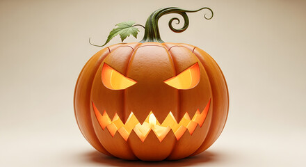 Fototapeta premium Angry carved pumpkin with curly stem on white background 