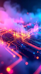 Abstract Circuit Board Design with Glowing Light and Smoke Effect