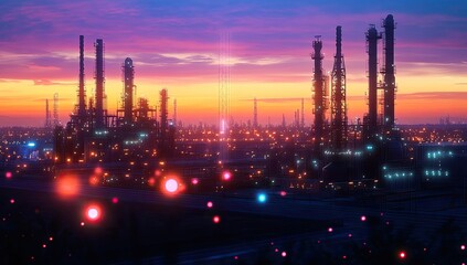 Naklejka premium Industrial complex at twilight. Silhouette of factories against vibrant sunset. Bright lights illuminate the structures. Distant city lights visible