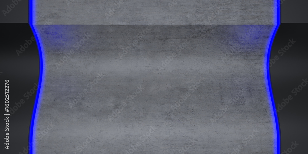 Poster 3d rendering of a concrete surface with curved edges and blue neon glow. industrial modern backgroun