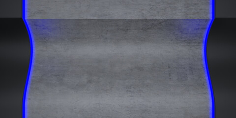 3d rendering of a concrete surface with curved edges and blue neon glow. Industrial modern background for product display, sci-fi design, or futuristic architecture concepts.