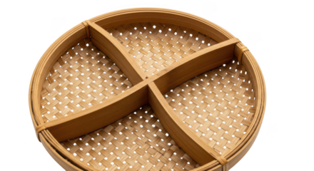 Round woven bamboo divided tray isolated on transparent background