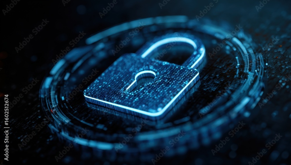 Poster digital padlock surrounded by glowing circuits evokes a sense of security in the interconnected worl