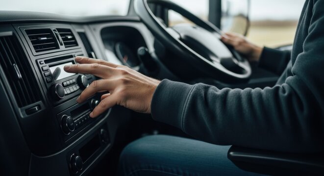 Person adjusting car stereo while driving a vehicle