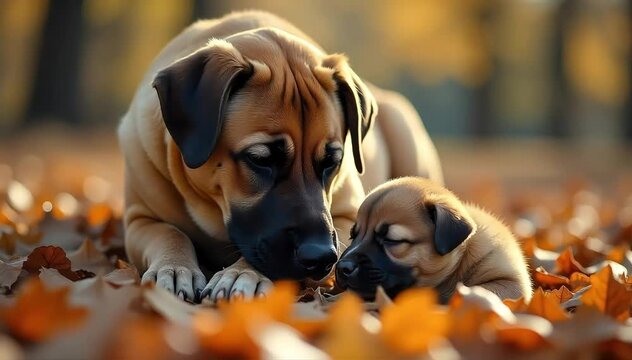 Kangal dog crying beside a tired puppy