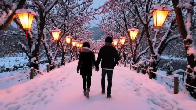 Romantic couple holding hands on snowy lantern-lit cherry street