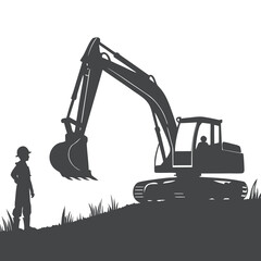 Silhouette of Construction Worker and Excavator on Site
