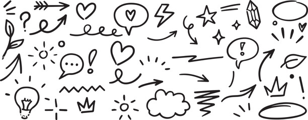 Doodle Sketch Icon Set – Heart, Star, Arrow, Cloud, Scribble, Hand-Drawn, Cute, Fun, Symbol, Sketchy, Decorative, Cartoon, Marker, Childlike, Creative