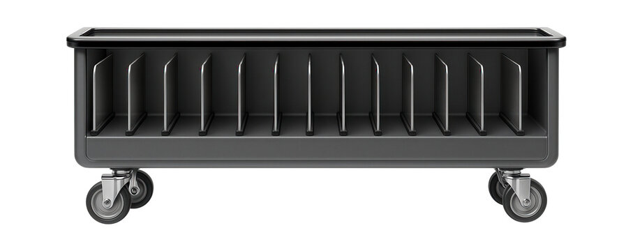 Slimline metal organizer cart with labeled slots for a library archive.