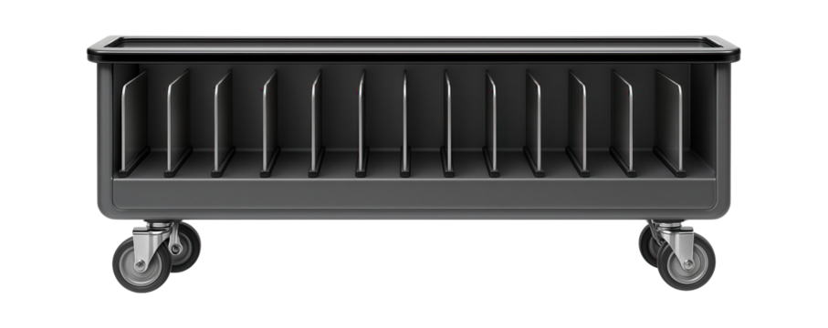 Slimline metal organizer cart with labeled slots for a library archive.