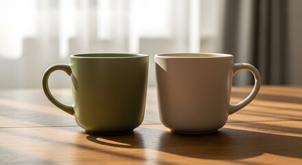 Obraz premium Two coffee cups on a table in soft light, morning beverage, kitchen still life photo