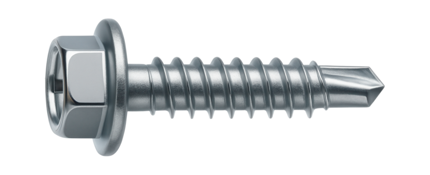 Galvanized self-drilling screw with a press washer for assembling metal sheds.