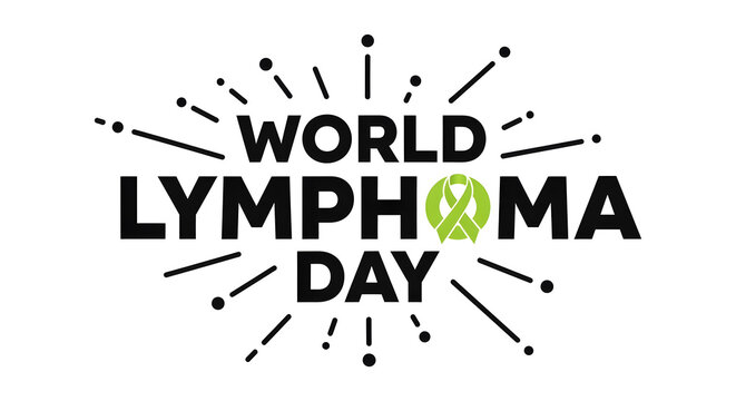 World Lymphoma Day awareness campaign poster with green ribbon and celebratory fireworks design on a dark background