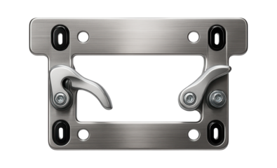 Quick-release license plate mounting brackets for easy removal in a car dealership.