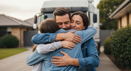Family reunion embrace: young caucasian adults and child hugging in driveway