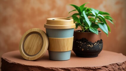 Eco-friendly coffee cup with bamboo lid beside plant on earthy surface