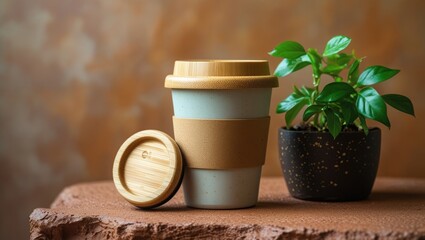 Sustainable coffee cup with bamboo lid next to plant on natural surface