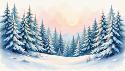 Obraz premium Snowy Pine Forest Dawn Watercolor Hues