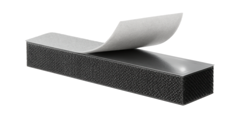 Hook and loop tape with a pressure-sensitive adhesive for temporary signage in retail environments.