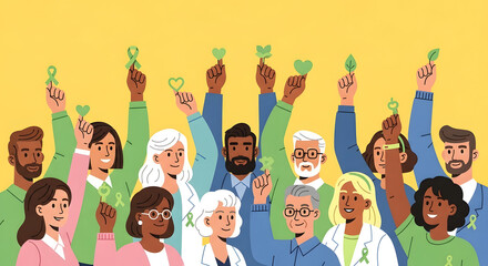 A diverse group of people, including doctors, holding up green ribbons and symbols to support a mental health awareness campaign.