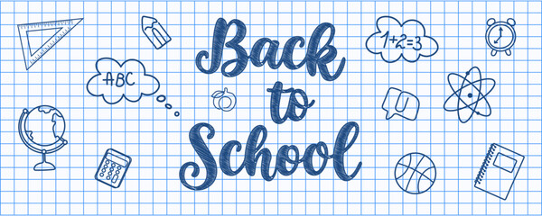 Back to School lettering on a blue grid notebook background, surrounded by hand-drawn school-related icons. Great for classroom posters, educational printables, and web design