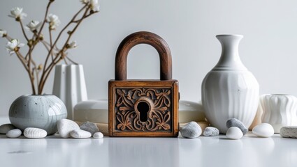 Rustic wooden lock on white background with gentle decorative lighting
