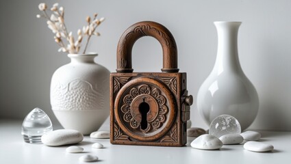 Vintage wooden lock on white backdrop with soft-lit decor accents
