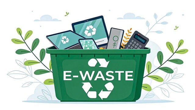 Illustration of green recycling bin labeled E-WASTE filled with old electronic devices and plants in background
