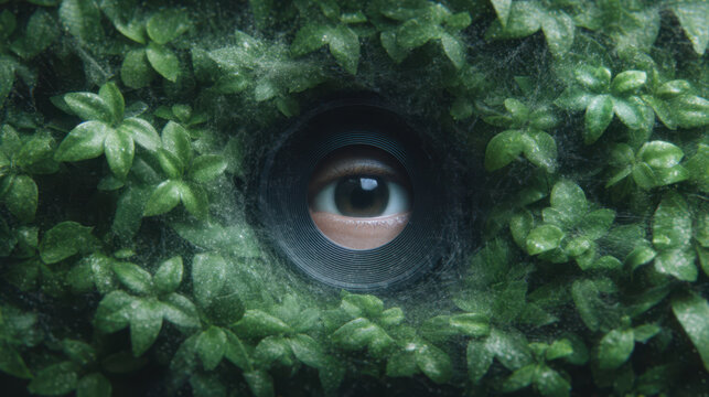 Nature escape from tech,Eye peering through camera lens surrounded by green leaves nature escape from tech world with mysterious feeling