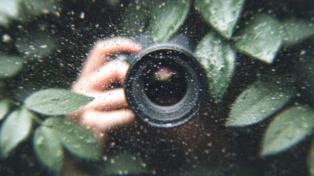 Nature escape from tech,Camera lens with water droplets glass surrounded by green leaves offers nature escape from tech with refreshing perspective