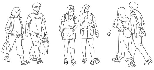 色々な二人組の線画イラストセット