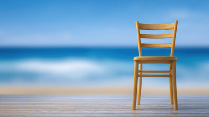 Fototapeta premium Nature escape from tech,Wooden chair nature escape from tech with ocean background and clear sky for peaceful relaxation