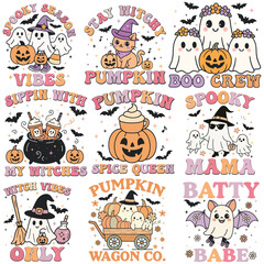 Bundle of Retro Spooky Halloween T-shirt Vector, Cute Ghost Halloween Illustration, Retro Kawaii Ghoul Clipart, Spooky Season Saying 