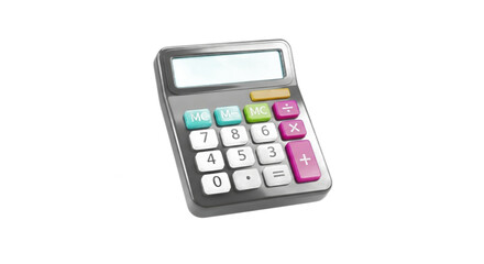 A close-up of a silver calculator with colorful buttons isolated on a white background.