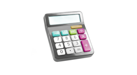 A close-up of a silver calculator with colorful buttons isolated on a white background.