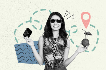 Full zine trendy photo collage of happy girl hold coconut drink camera tourist shooting geolocation...