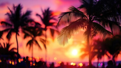 Silhouetted palm trees at sunset. Blurred figures gather on a beach