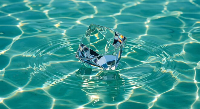 A multifaceted crystal object sits partially submerged in clear, turquoise water, creating ripples and reflecting light patterns on the pool's surface.