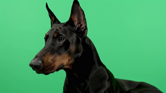 Alert Doberman Pinscher dog in profile on a green screen background, ideal for easy keying and digital integration.