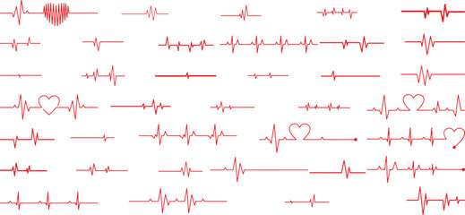 ECG Heartbeat Line Set &ndash; Heartbeat, ECG, Pulse, Medical, Health, Hospital, Monitor, Line, Rhythm, Love, Red, Signal, Flat, Vector, Healthcare