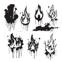 Collection of stylized black ink splatter flames and abstract fire elements with dripping paint effects.jpg