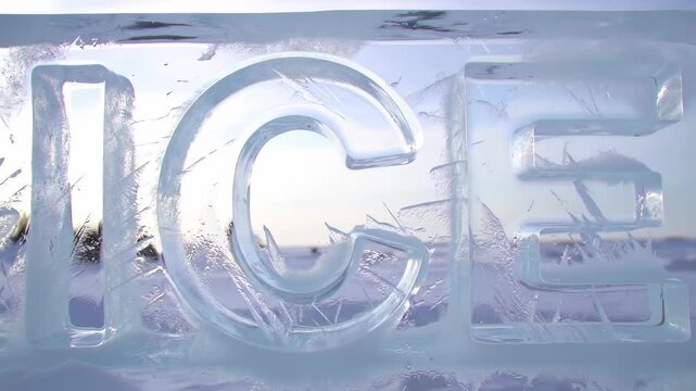 Ice block with the word ICE carved