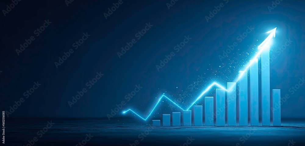 Poster futuristic glowing bar graph and line graph showing growth on blue background