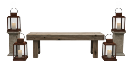 Rustic wooden bench with lanterns and pedestals isolated on transparent background
