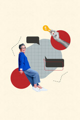 Vertical artwork trend collage of happy old woman sit communication bubble notification hand show...