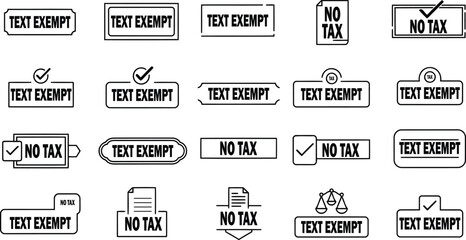 A collection of text exempt and no tax stamps in various shapes and designs on white background