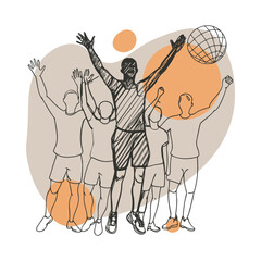 Line Art Basketball Team Reaching for Ball Abstract Illustration
