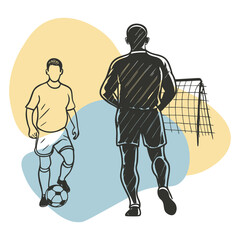 Line Art Soccer Players with Ball and Goalpost Abstract Illustration
