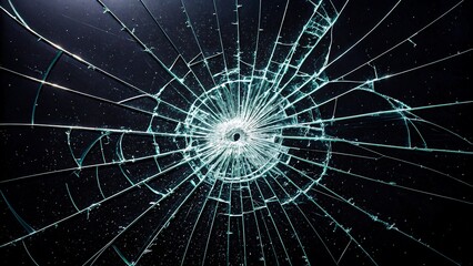 Detailed view of shattered glass with central impact and spiderweb-like crack pattern on dark background
